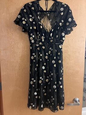 Mayle Black Metallic Midi Dress with Gold & Silver Metallic Dots Sz 6 Vintage